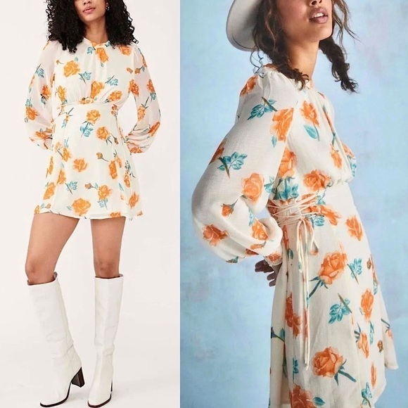 NWT FREE PEOPLE Floral Chiffon Puff Long Sleeve Smock Cuff Lace Up Side Dress XS - Picture 3 of 9